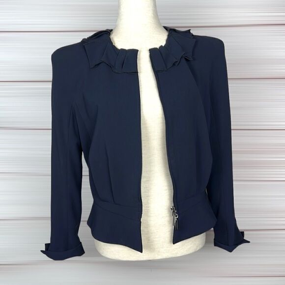 Giorgio Armani Dark Blue Ruffled Collar Full Zip Front Crop Jacket sz 46 US 8-10 - Picture 2 of 15